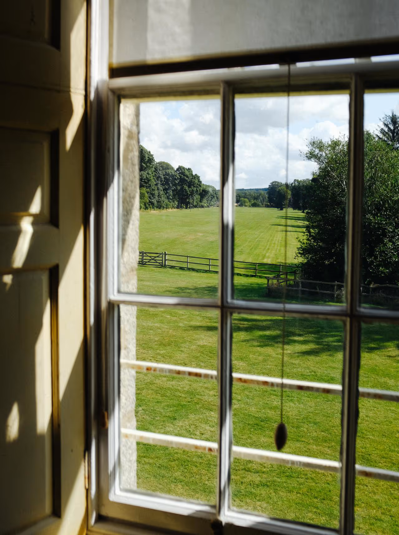 Looking out a window to a large expanse of grass and trees.