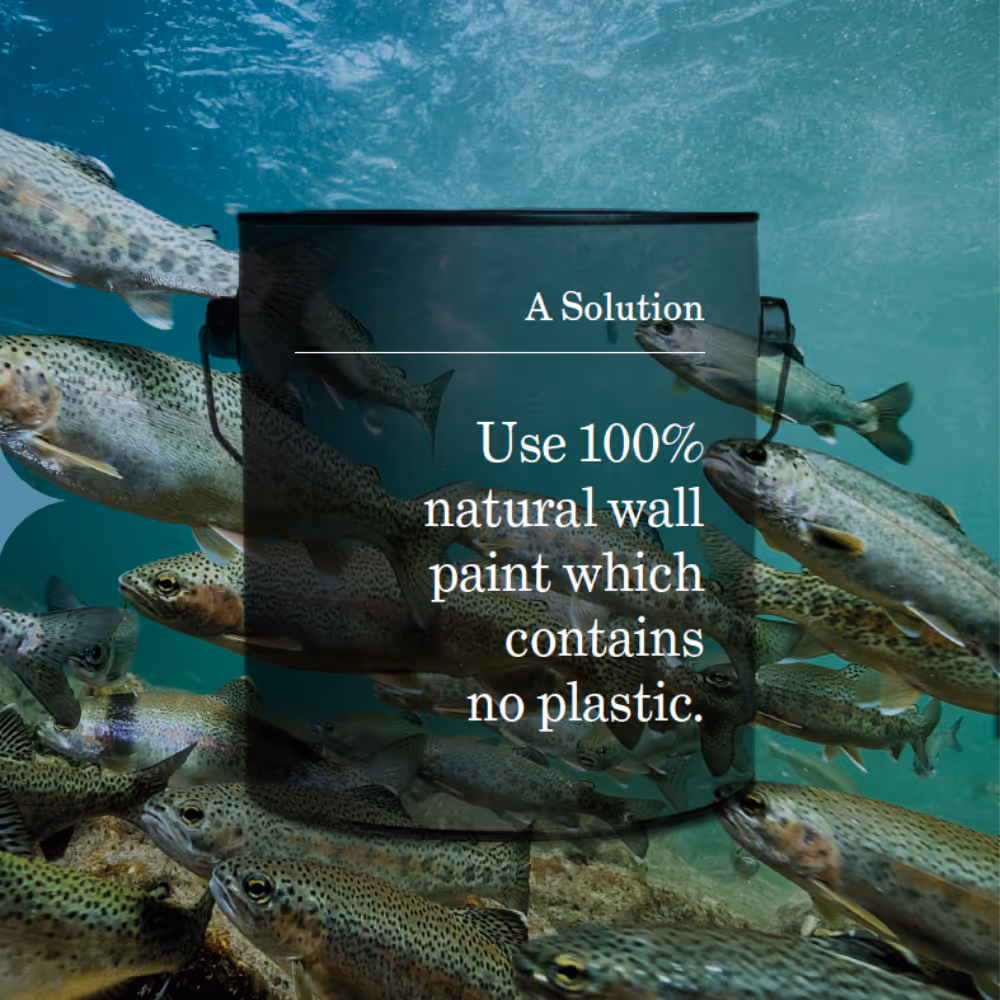 A graphic showing a tin of paint in front of a photo of fish swimming in the sea.