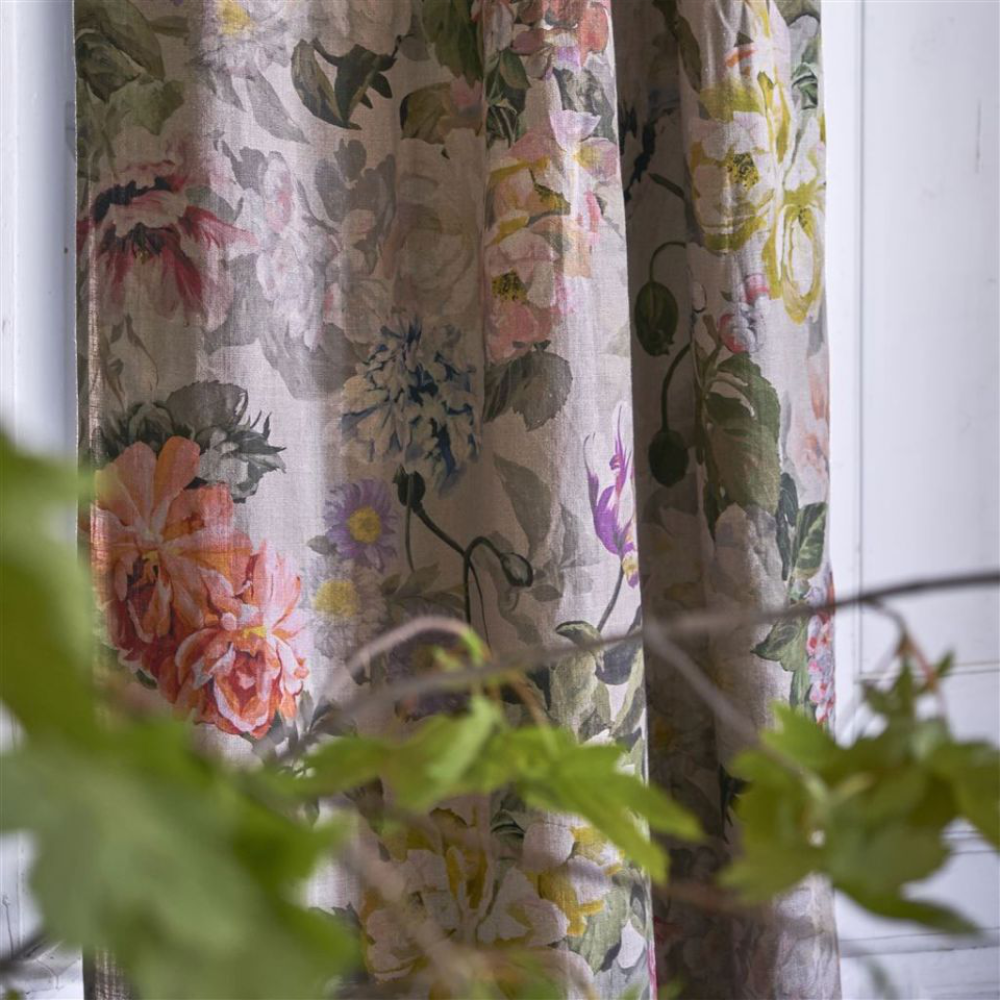 Linen curtain fabric in a roses design.