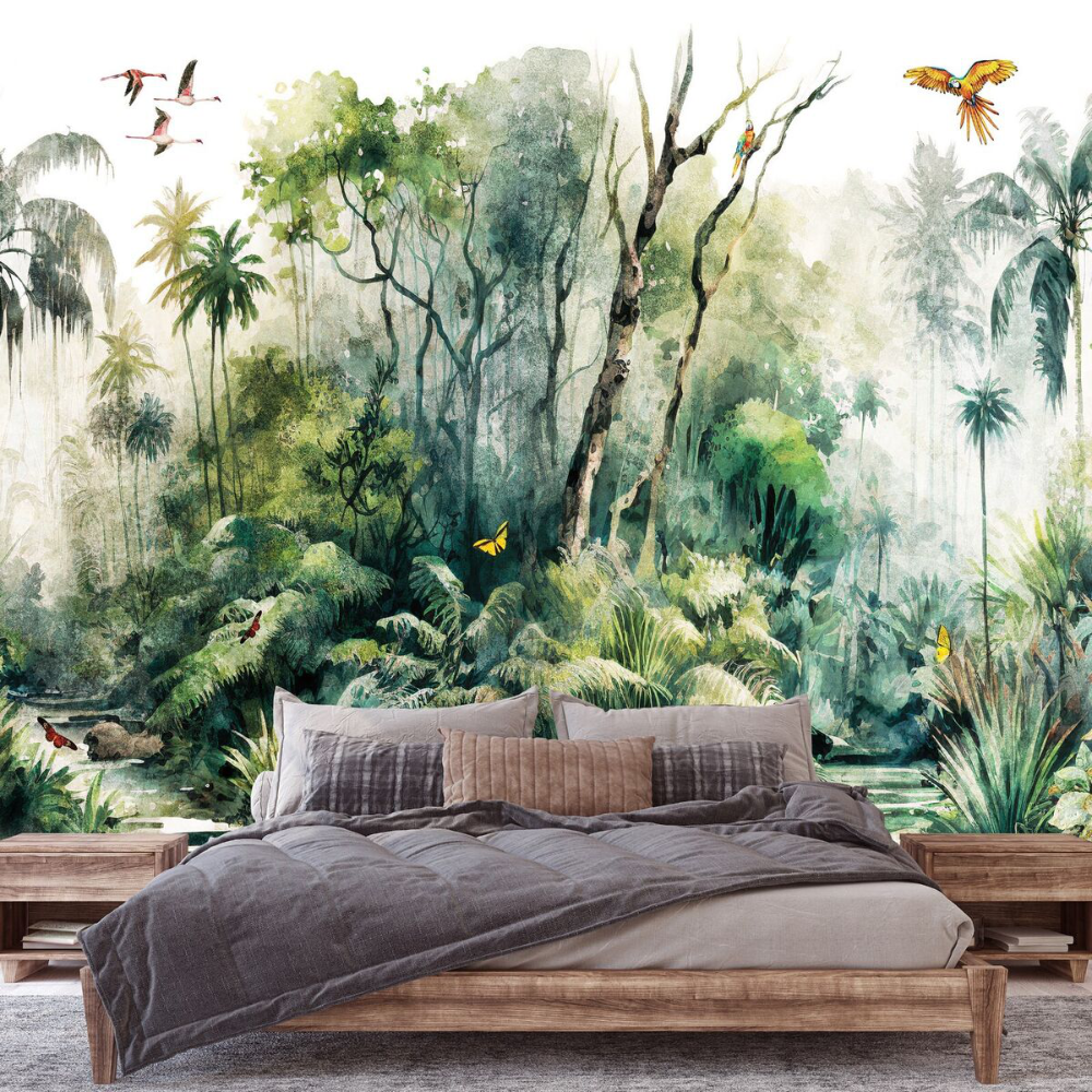 A hand painted wall mural depicting lush tropical foliage and exotic birds.
