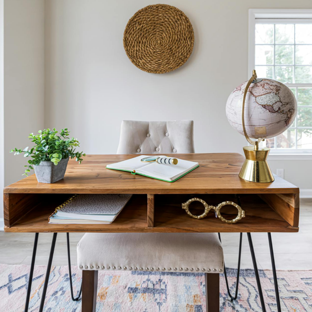 A home office in neutral colours with a wooden desk.