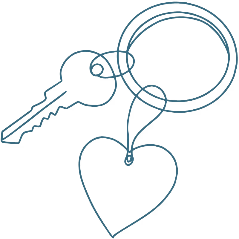 A line drawing of a key on a keyring.